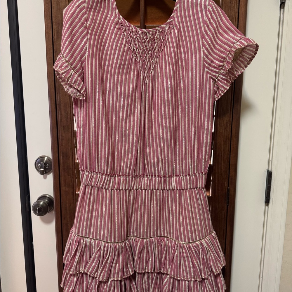 MISA Yulissa Smocked Pink White Triped Metallic Tiered Fit & Flare Dress